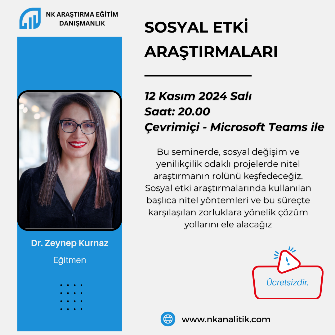 Sosyal etki araştırması konulu seminerimize katılarak, kalitatif araştırma yöntemleri ve veri toplama teknikleri hakkında derinlemesine bilgi edinin. Bu etkinlikte, sosyal etkiyi anlamak ve analiz etmek için kullanılan nitel yöntemler, etik hususlar ve gerçek uygulama örnekleri ile yöntemlerin nasıl uygulandığı detaylıca ele alınacaktır.